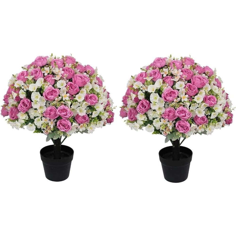Set-2 Pink Artificial Flowers Blooms Eucalyptus Plants Cement Pots Accent Decor